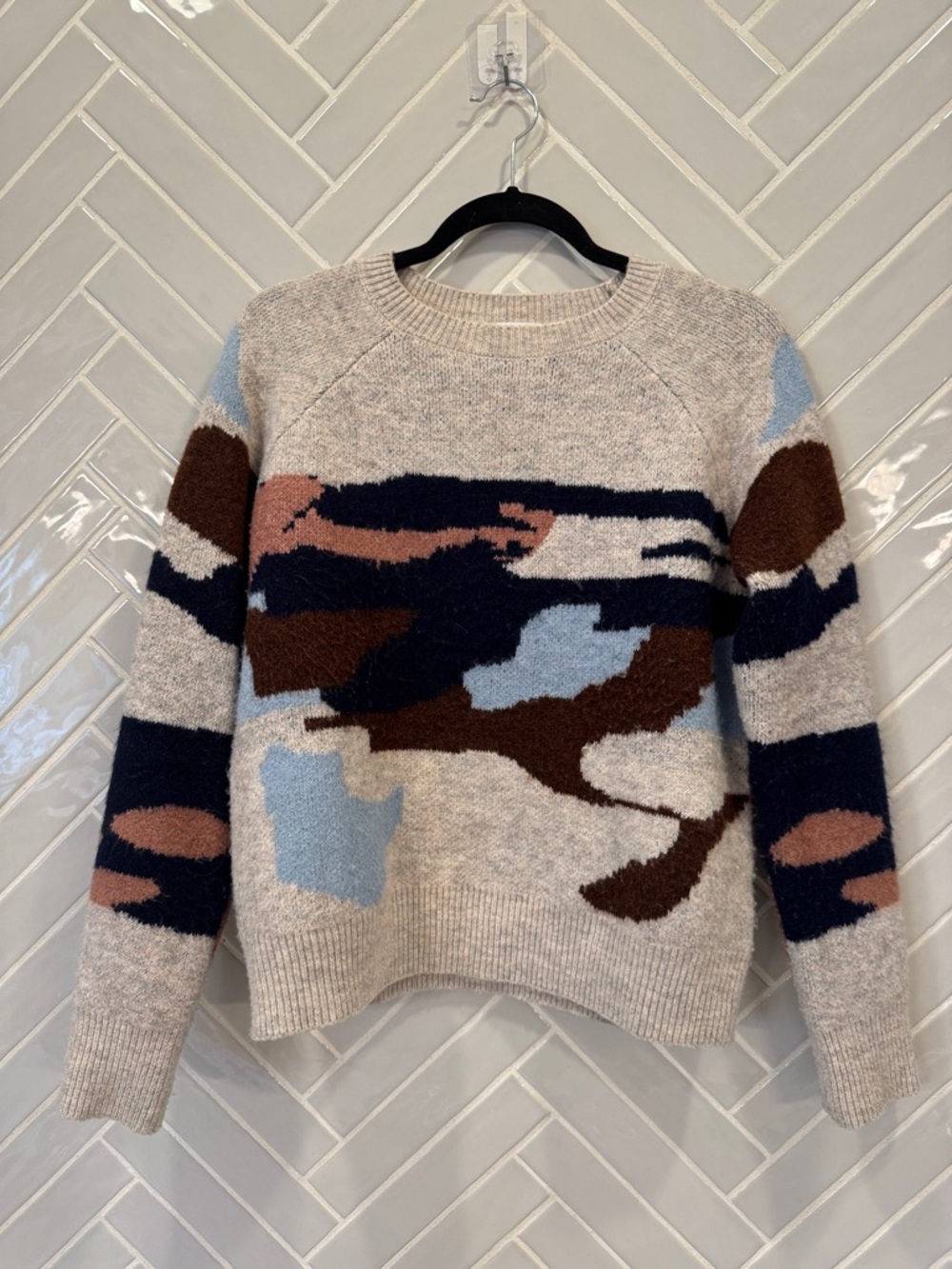 THML Neutral Crewneck Sweater with Blue and Brown Abstract Blocks